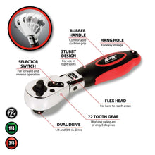 Performance Tool 1/4" & 3/8" Dual Drive Flex Stubby Ratchet