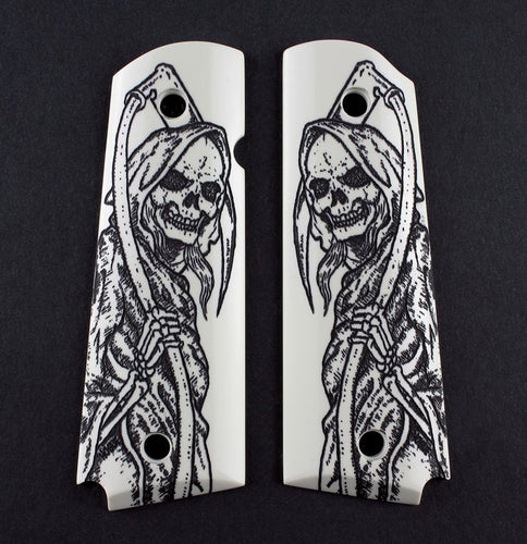 Hogue Govt. Model 1911 - Scrimshaw - Ivory Polymer - Ambi Safety Cut - Grim Reaper Full Body X2