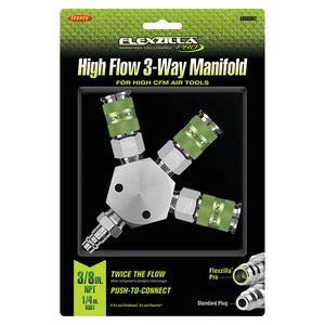 Flexzilla Pro High Flow 3 Way Manifold 3/8" NPT High Flow Couplers and Plug