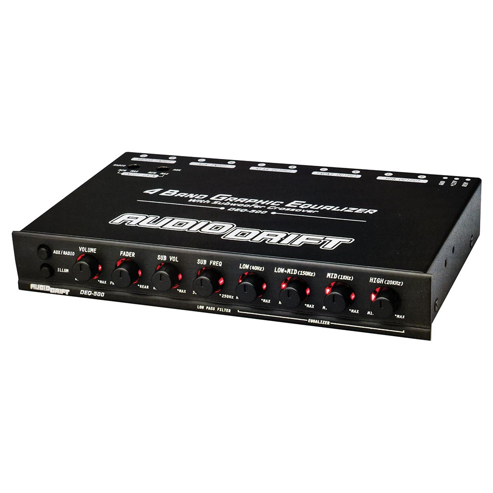 Audiodrift 4 Band Graphic Equalizer with Subwoofer Output Dual Color Illumination 7V Output