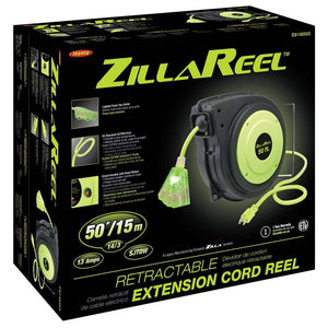 Flexzilla ZillaReel Retractable Elec Cord 14 3 AWG SJTOW Cord 50ft Grounded Triple Tap Outlet