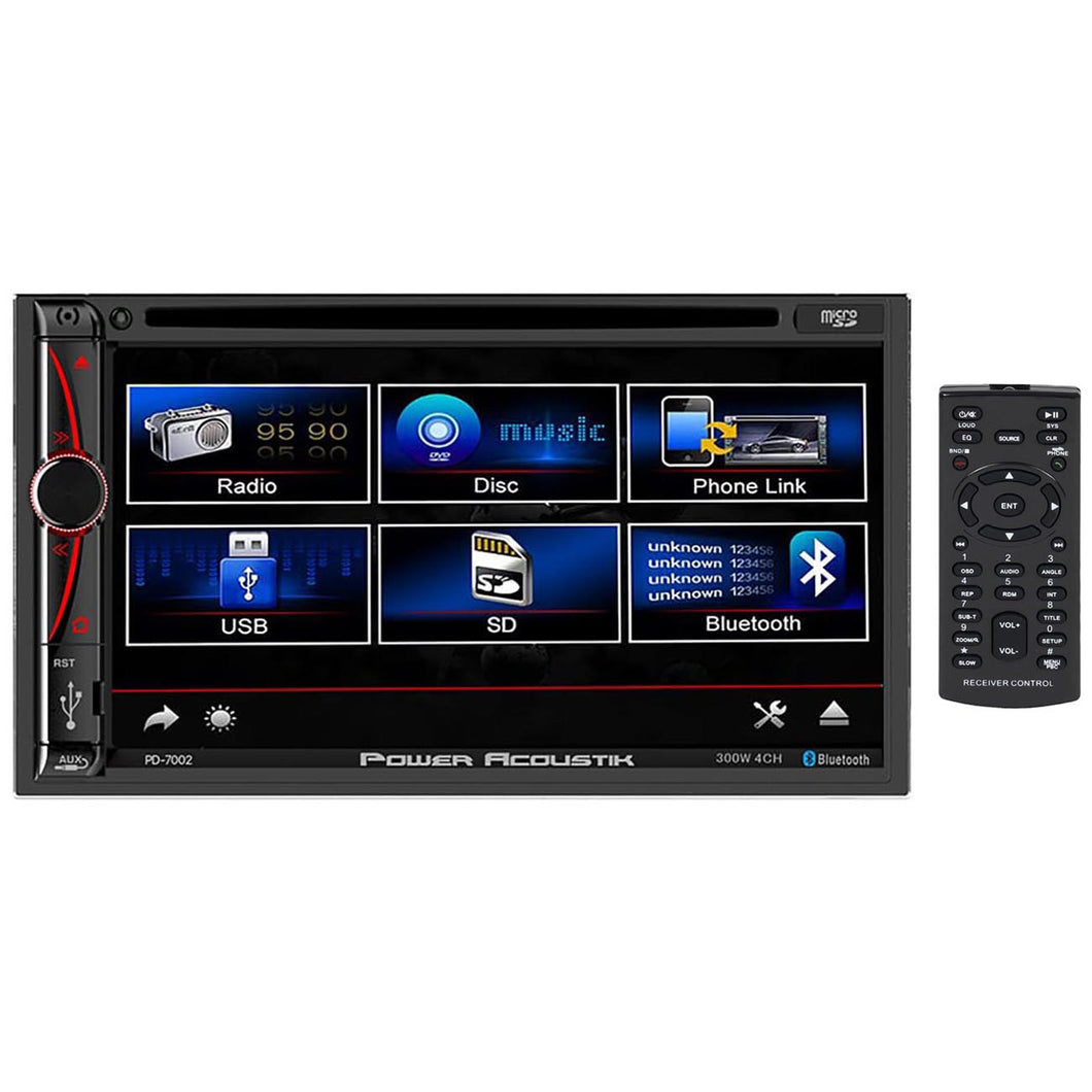 Power Acoustik 7” Double DIN Fixed Face Touchscreen DVD Receiver with Bluetooth PhoneLink & USB/SD