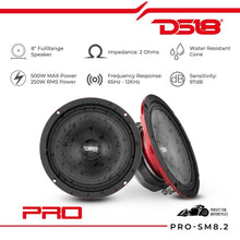 DS18 8" Water Resistant Midrange Speaker 250W RMS/500W Max 2 Ohm (Sold Each)