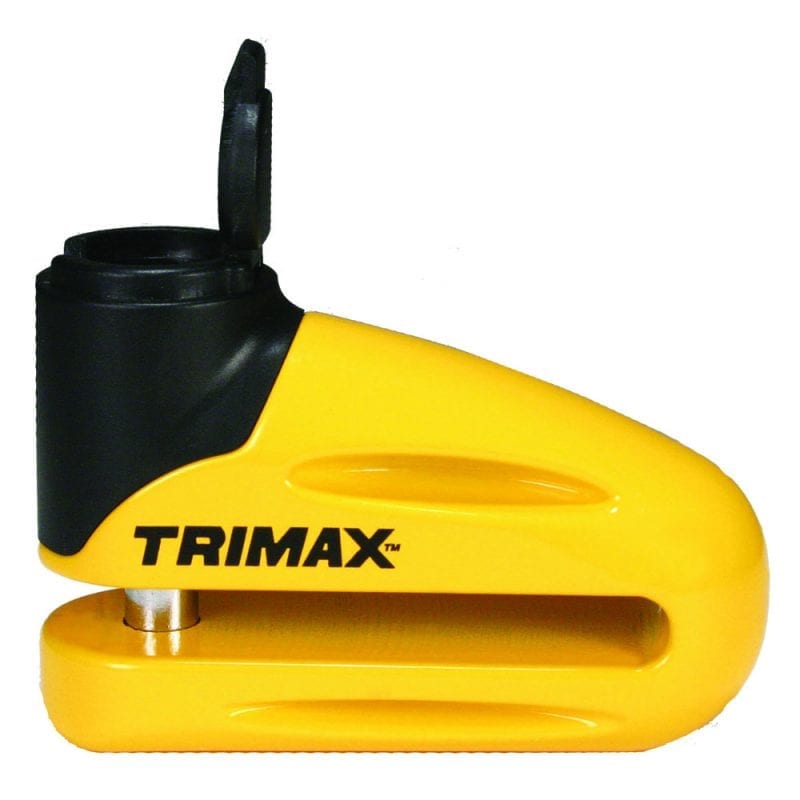 TRIMAX HARD METAL DISC LOCK YELLOW 10MM PIN LONG THROAT & REMINDER CABLE